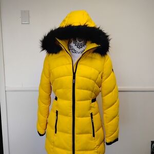 Guess Yellow Puffer Coat with Black Trim